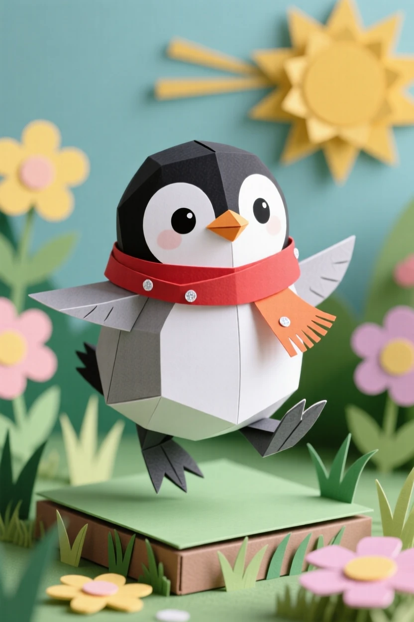 A round penguin chick in a scarf bouncing through a sunlit garden, with big round curious eyes, evoking cozy storybook charm.