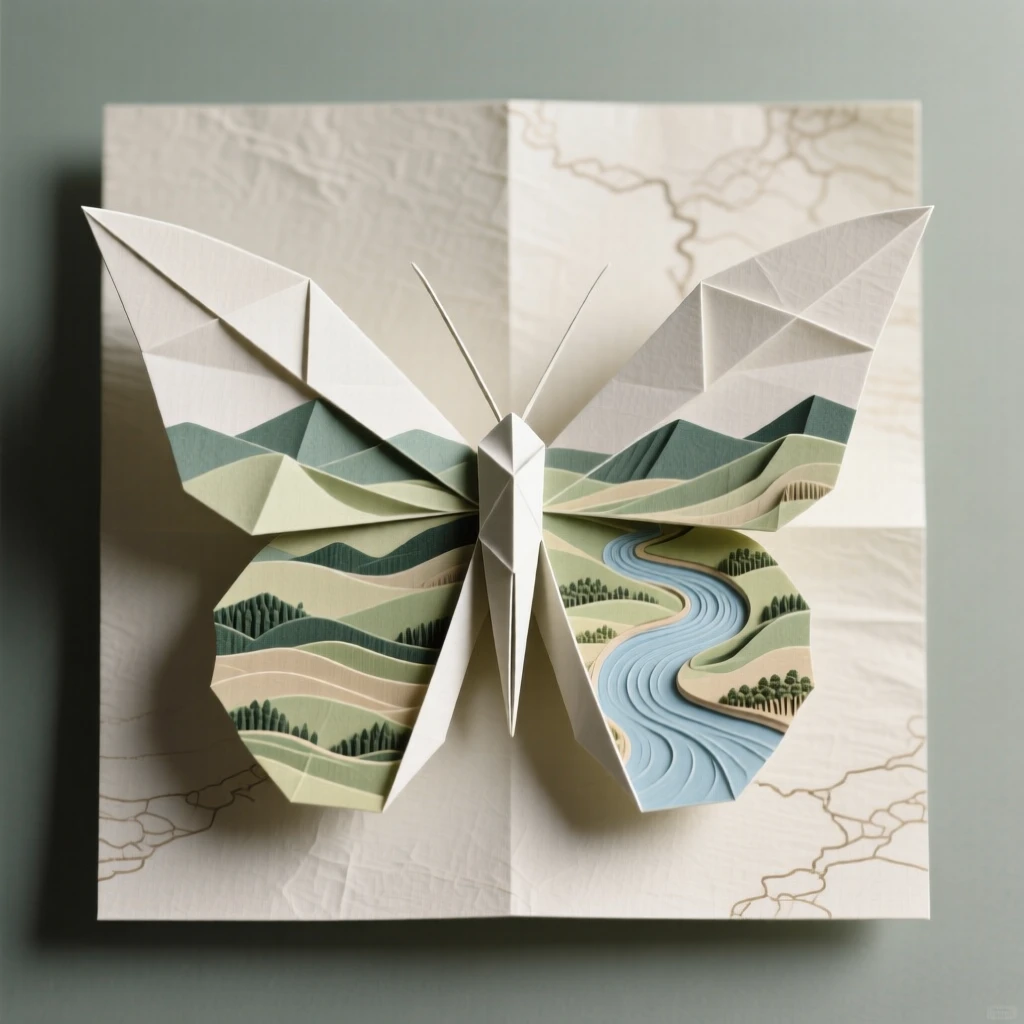 A butterfly whose wings display a miniature landscape of rolling hills and rivers.