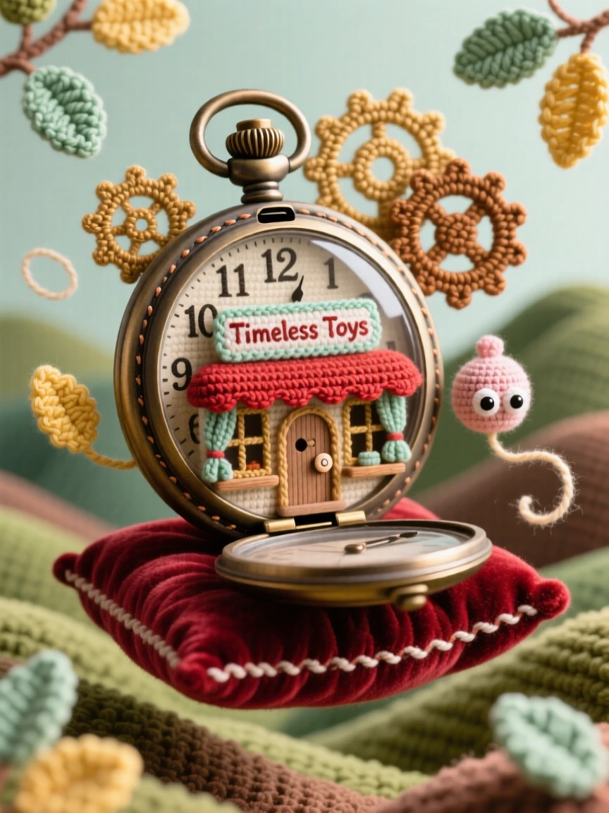 a tiny toy shop built inside an old pocket watch, with gears turning slowly in the background, is shown resting on a velvet cushion, floating gently above a quiet valley, surrounded by a soft breeze carrying tiny leaves, radiating playful imagination brought to life.