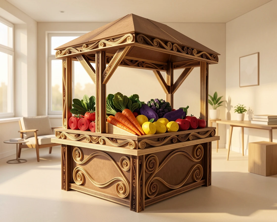 a farmers market stall overflowing with fresh produce, in a sunlit studio apartment, composed with clean modern lines and open space, with soft golden afternoon light throughout.