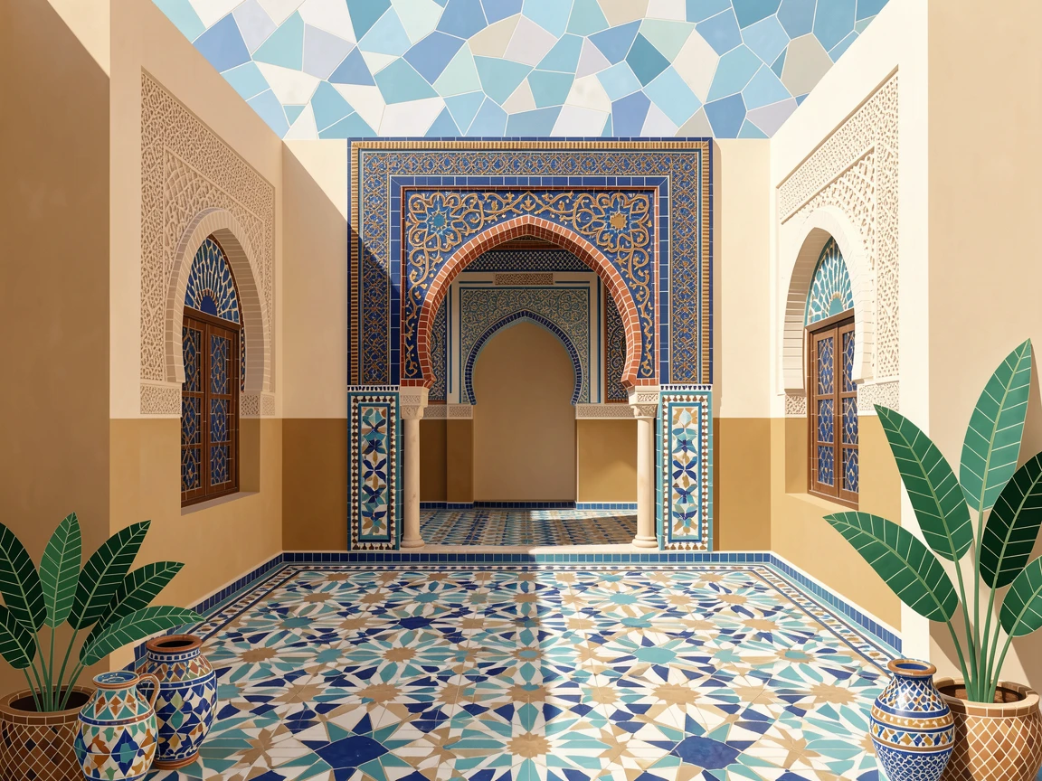 A traditional Moroccan riad courtyard with intricate archways.