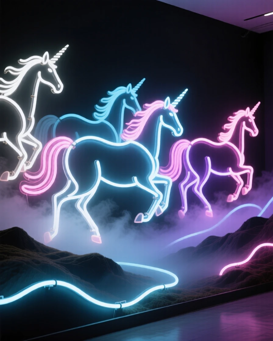 A herd of unicorns galloping through a misty valley.