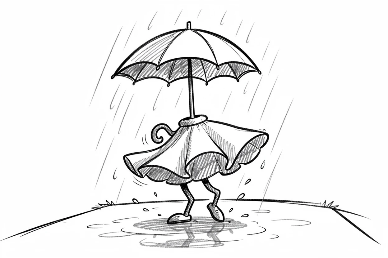 An umbrella dancing in the rain at the end of a quiet driveway.