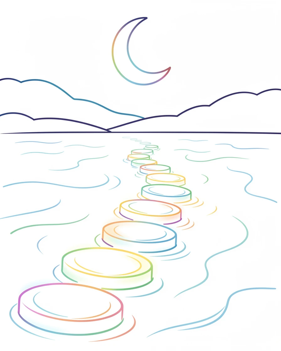 A pathway of glowing stepping stones leading across a moonlit lake.