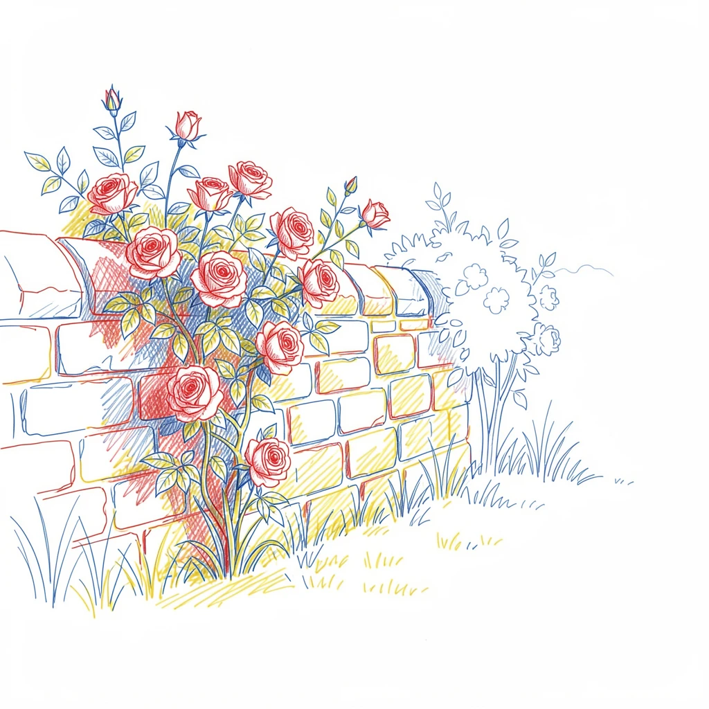 A quiet English garden with climbing roses over an old stone wall