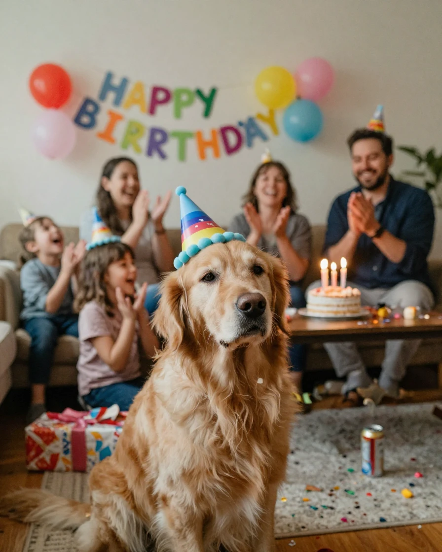 A dog wears a birthday hat with visible reluctance at a family celebration.
