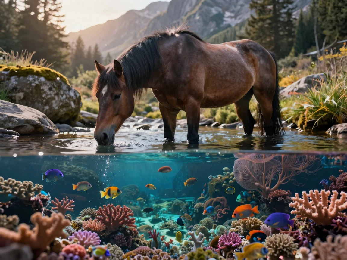 A wild mustang drinking from a clear mountain stream within a coral reef teeming with life