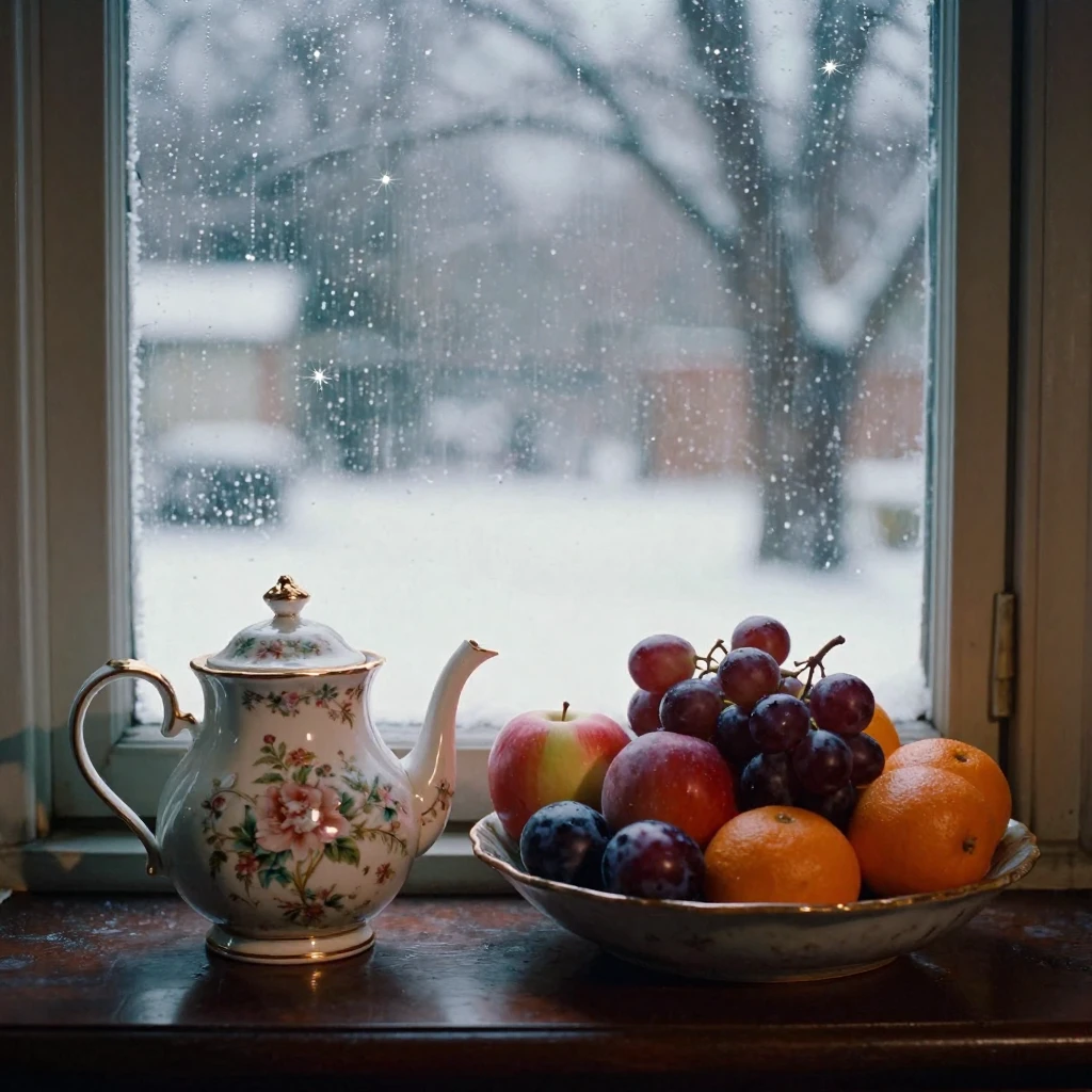 A bowl of ripe fruit beside an antique porcelain teapot, under a canopy of stars, in crisp, dry air, under the first snow of winter, in vivid coral and turquoise hues, through a rain-streaked window.