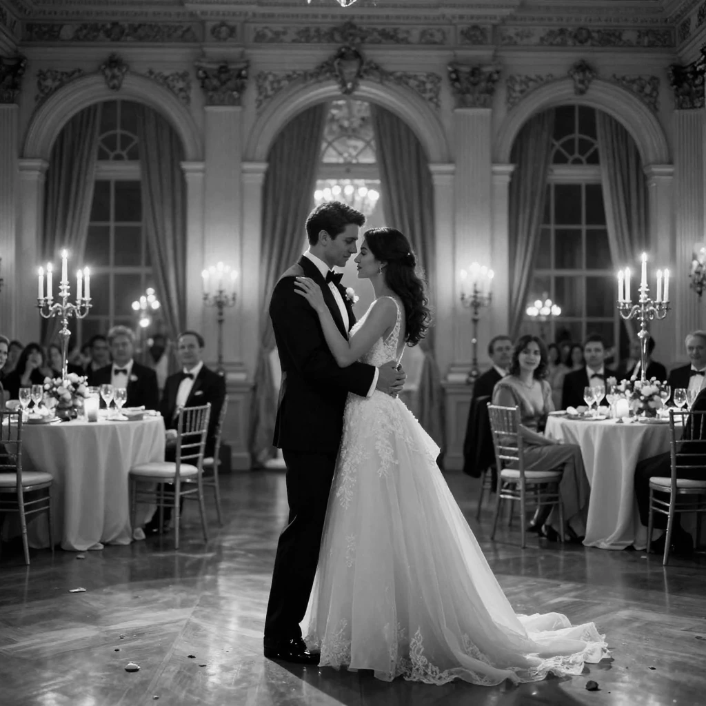 A groom and his bride share their first dance in a candlelit ballroom.