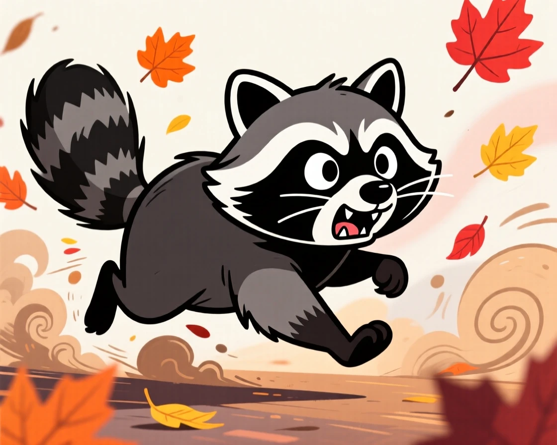 A charming animal moment featuring a curious raccoon racing forward with fierce determination, as leaves and dust scatter around it.