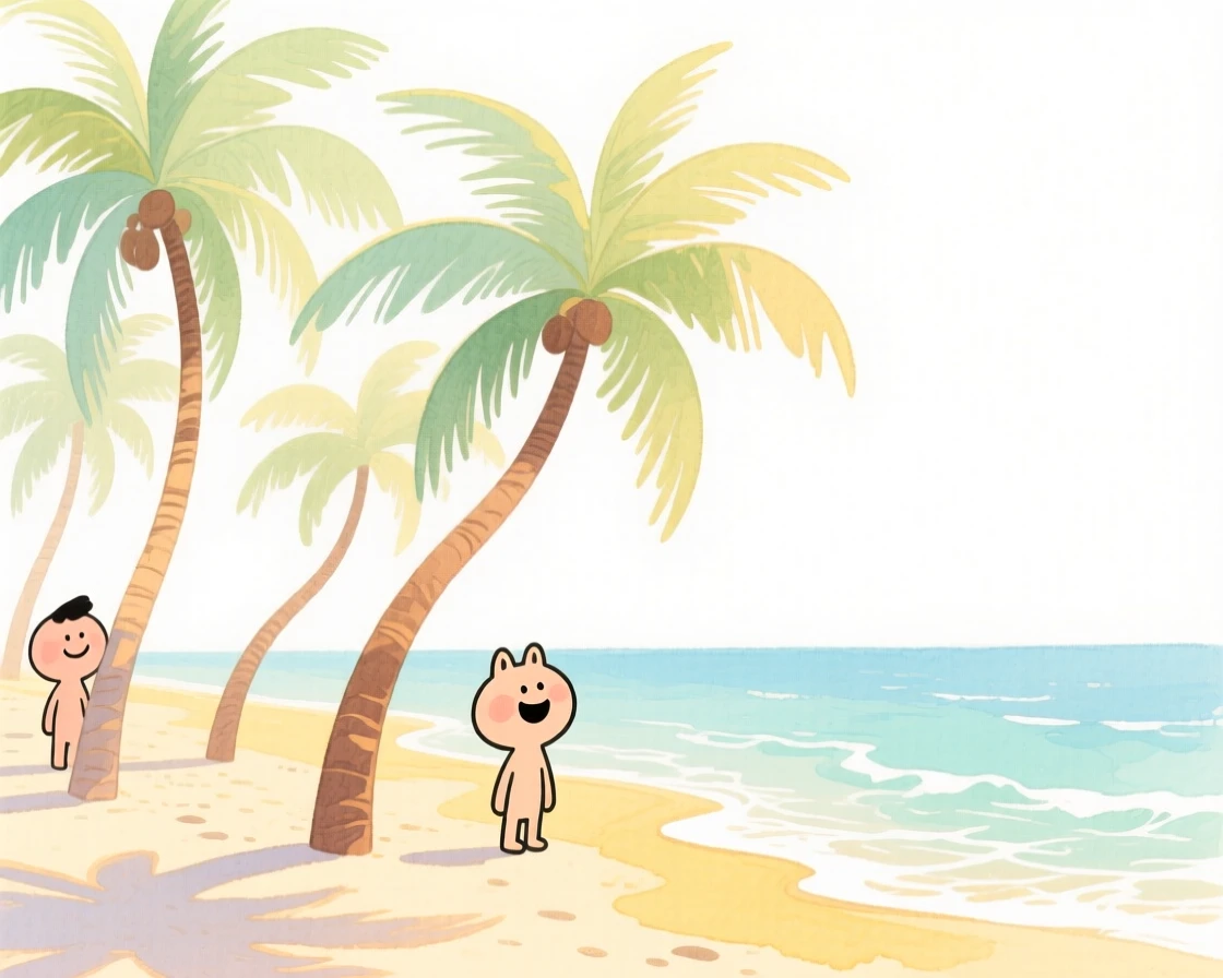 A serene landscape of a tropical beach with palm trees swaying gently bathed in warm afternoon sun