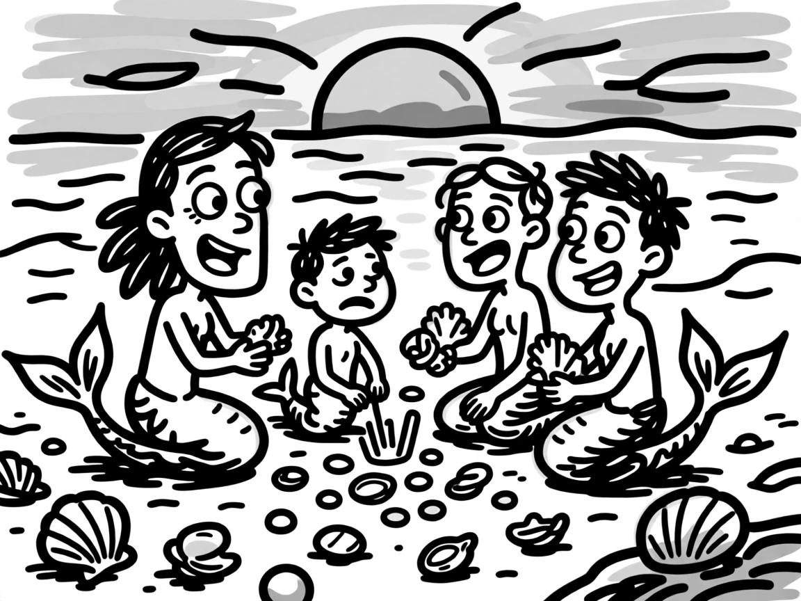 A merfolk family gathering shells and pearls on the ocean floor at sunset.