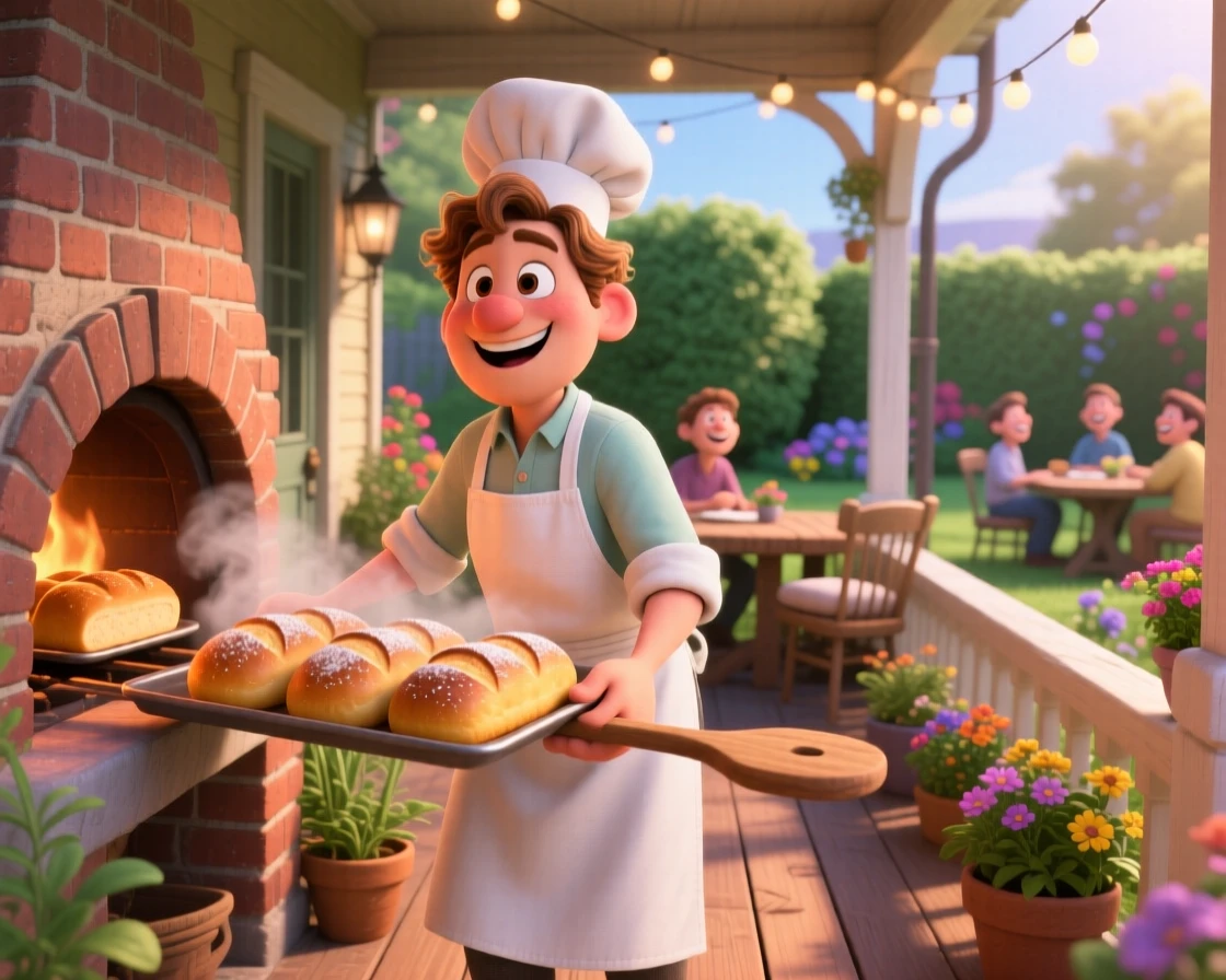 A baker pulling a fresh tray of bread from the oven is captured on a porch overlooking a quiet garden, with soft chatter drifting from nearby tables. The atmosphere feels cozy, human, and full of small joys.