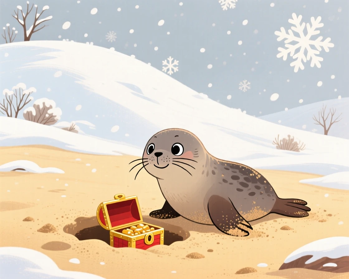 A whiskered seal pup pauses from digging for buried treasure in the sand to look up in a snow-covered hill, with the first snowflakes falling softly.