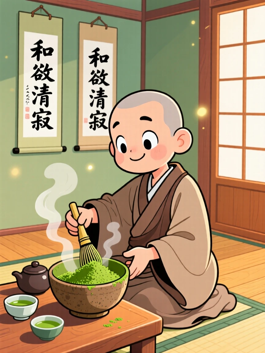 A monk carefully preparing matcha in a quiet tea ceremony.
