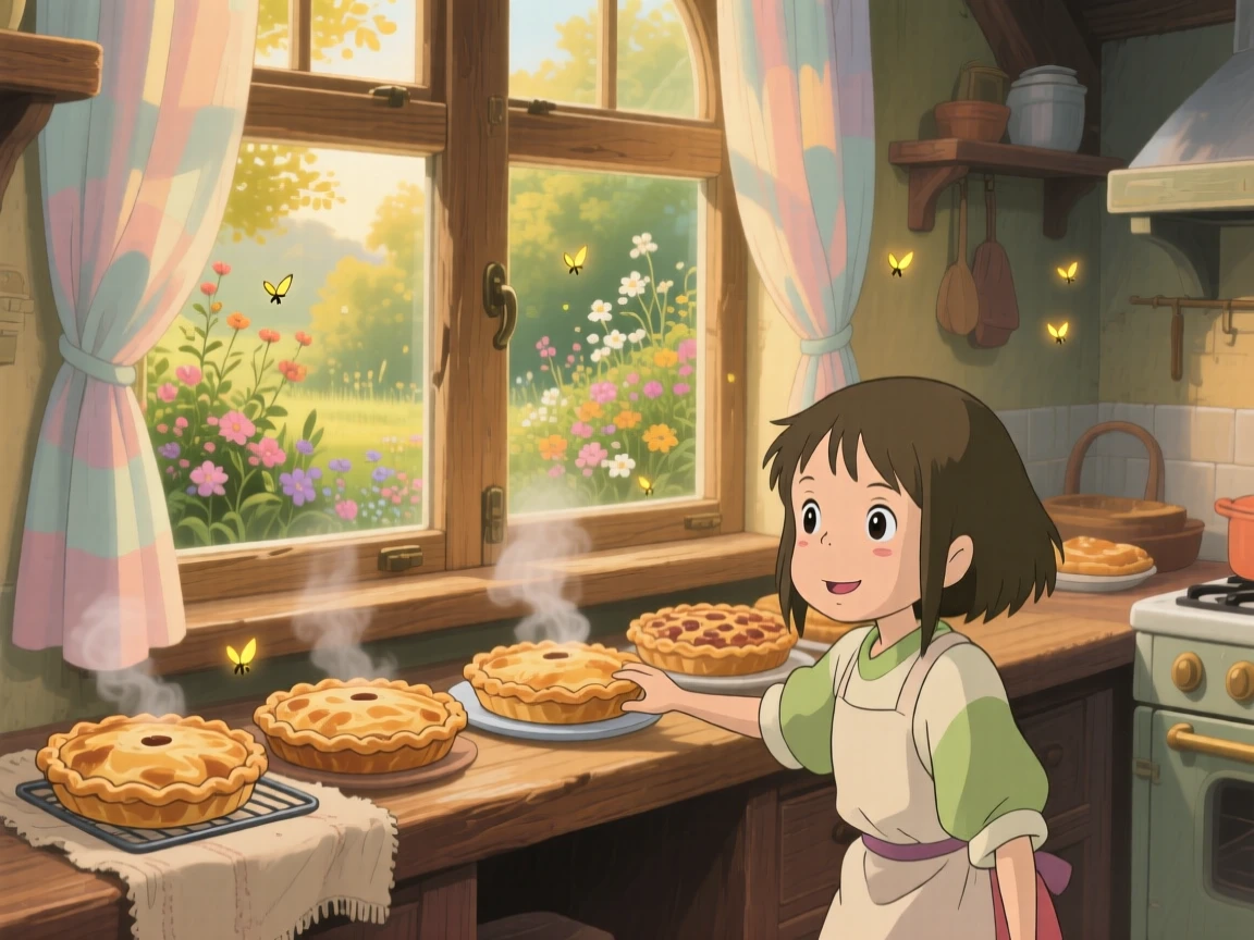 A warm, inviting scene of a windowsill lined with cooling pies, with warm golden light filling the room.