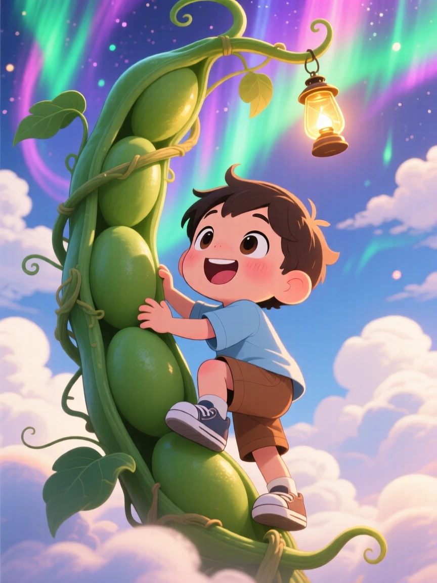 Close-up portrait of a small boy, climbing a giant beanstalk toward the clouds, in a magical cloud-covered sky, beneath swirling aurora-lit skies, illuminated by warm lamplight, radiating giggling amusement.