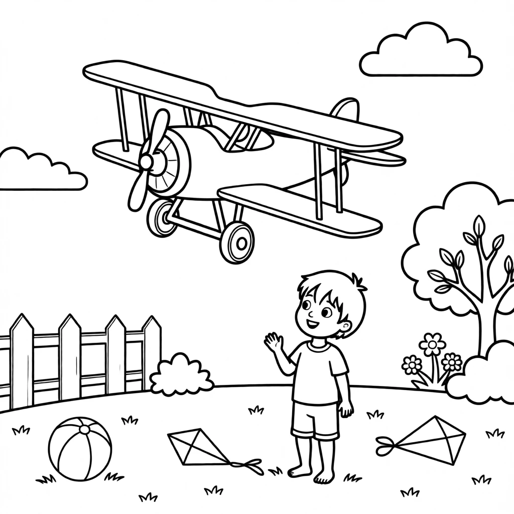 A toy airplane soaring through a child's imagination in the backyard