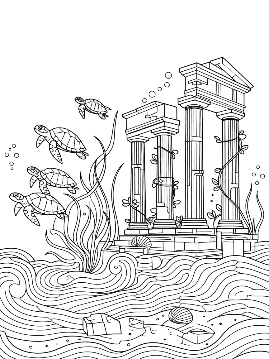 A group of sea turtles swimming past an ancient ruin, with swirling sand and drifting seaweed.
