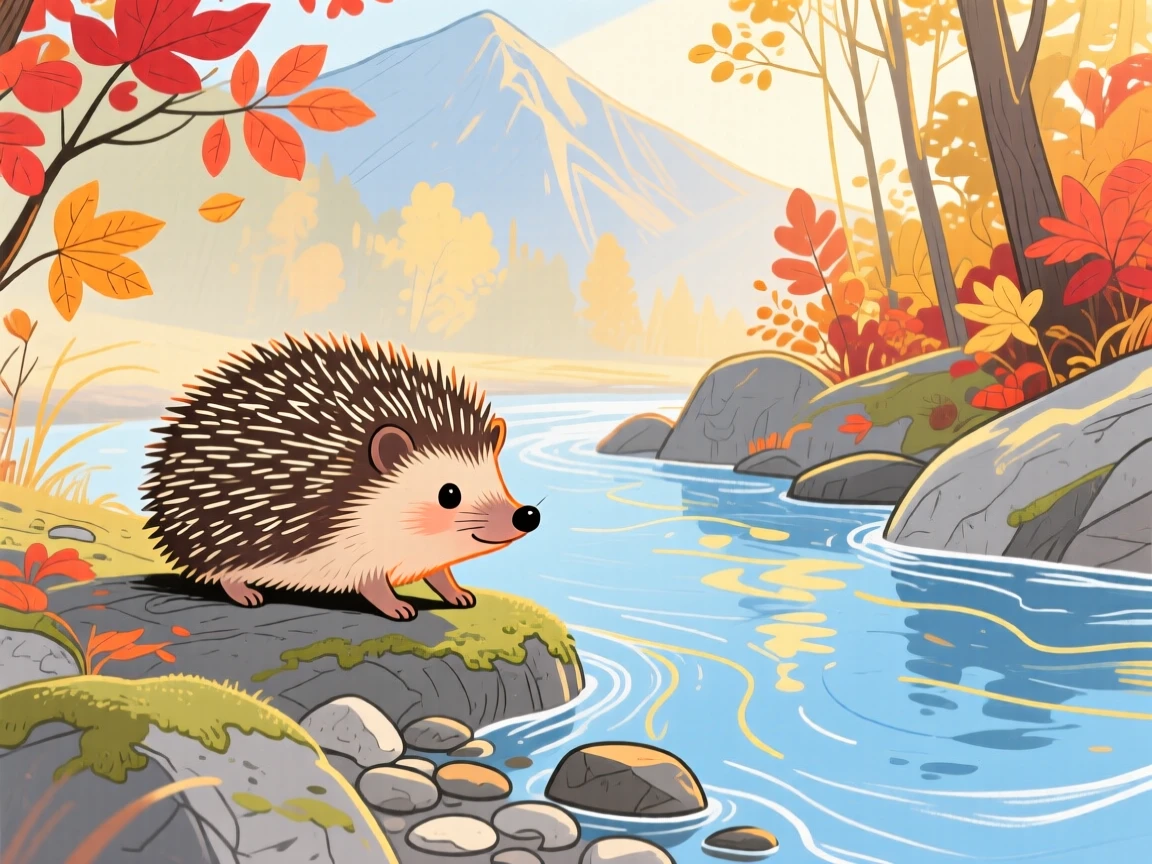 A small hedgehog stretching in the morning light beside a mountain stream on a crisp autumn day.