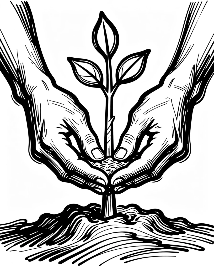 A pair of hands planting a tree sapling in fresh soil.