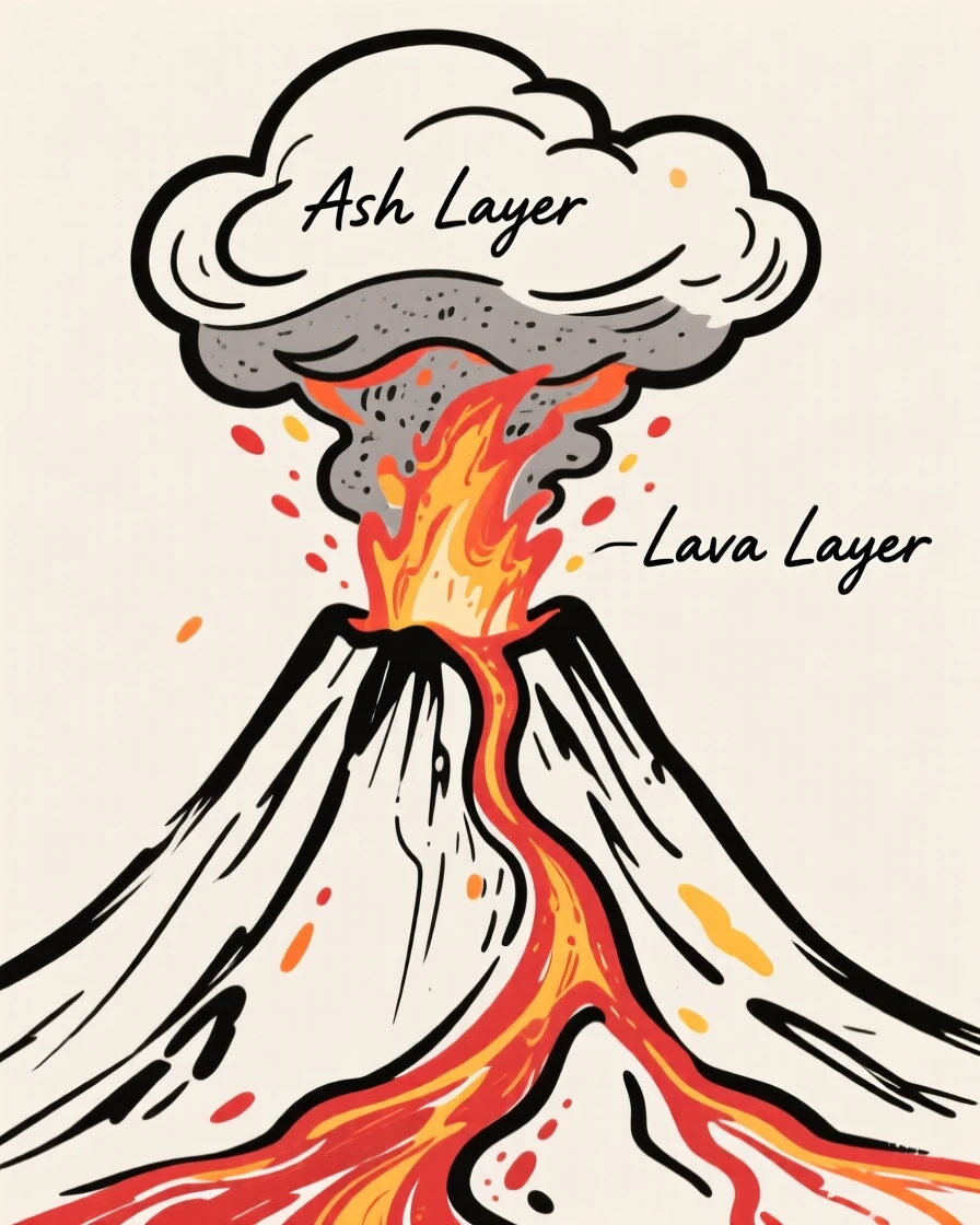 An illustration of a volcano erupting with labeled layers of ash and lava.