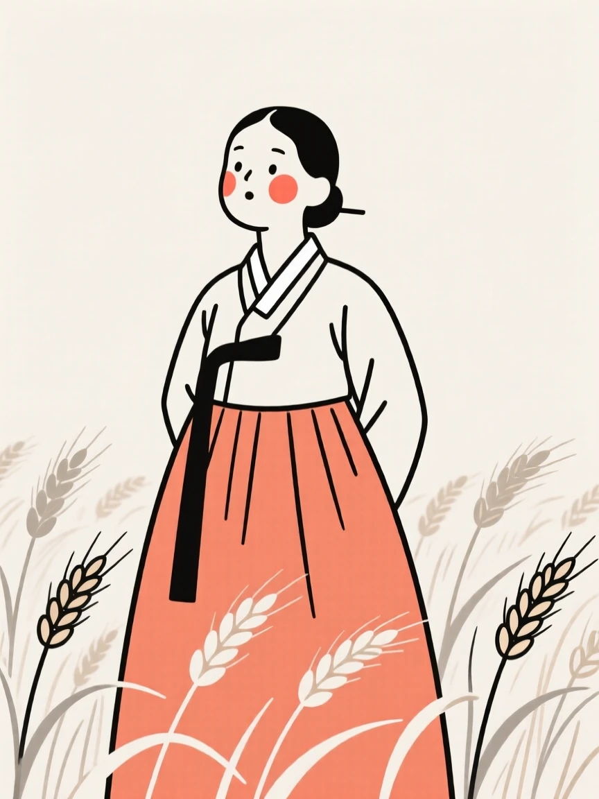 A working professional of French heritage wearing a Korean hanbok, full of curious wonder, in a wheat field at harvest.