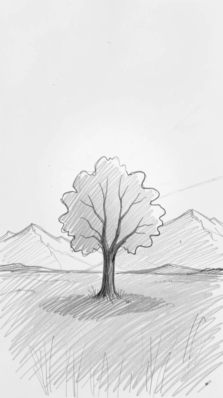 A solitary tree standing in an open golden field, as the sun rises over distant mountains, radiating quiet hope and renewal.