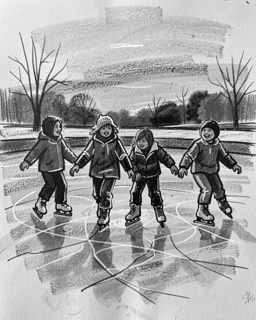 Children ice skating on a frozen pond at dusk, as laughter fills the air around them.