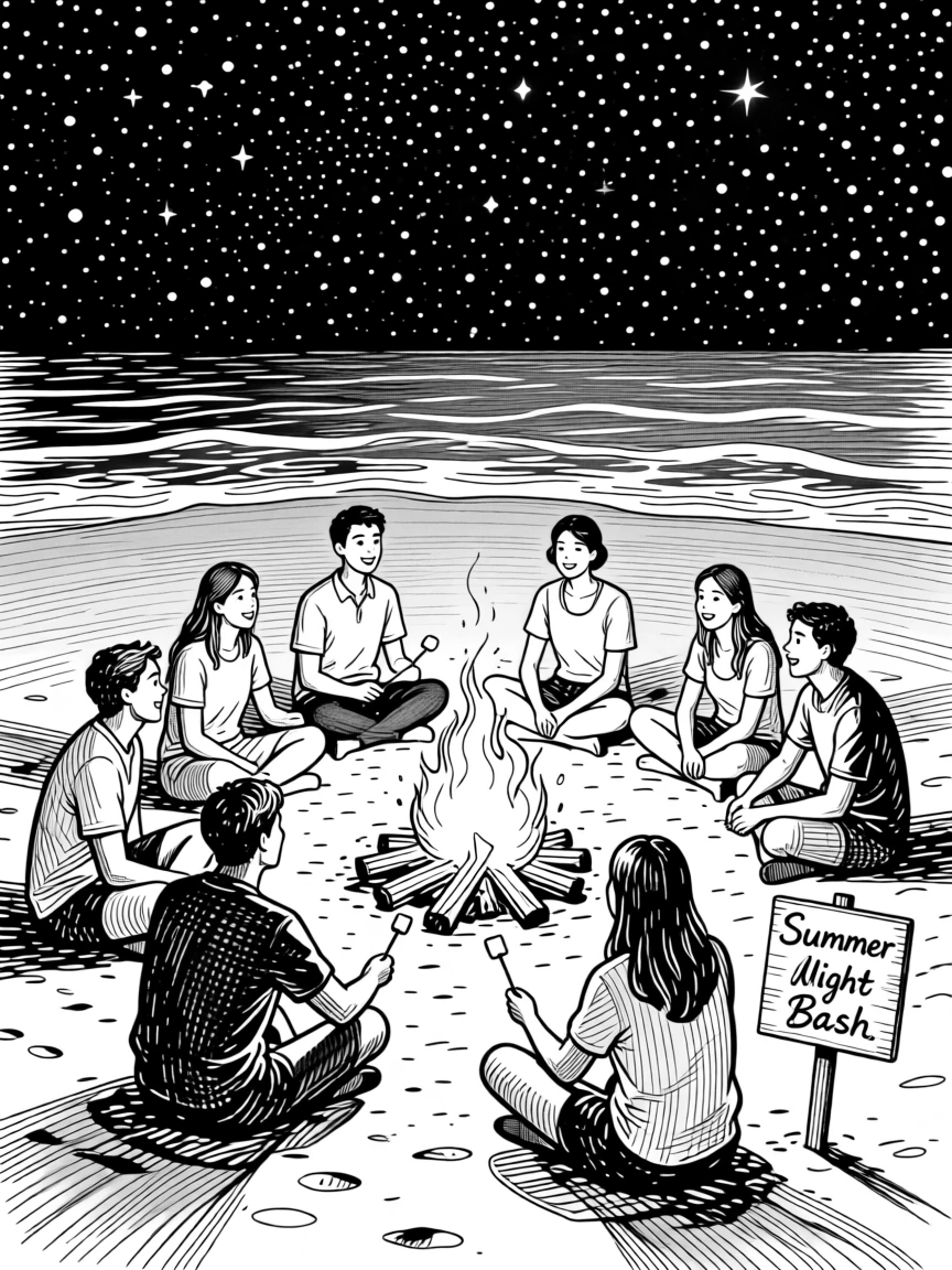 A festive summer beach bonfire celebration with friends gathered under the stars.