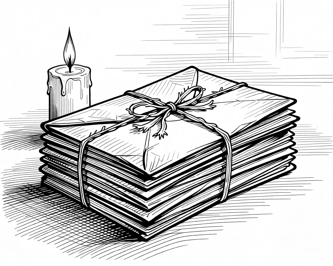A stack of letters tied with ribbon beside a candle as the last light of day fades gently away, with a candle flickering steadily nearby, evoking a deeply peaceful sense of calm.