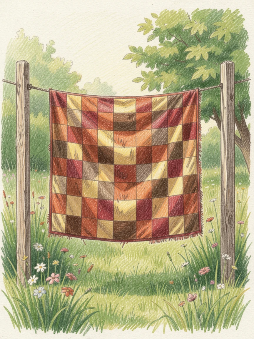 A rustic countryside quilt hanging to dry on a garden line, with rich, inviting textures throughout the scene, radiating comfort, joy, and quiet beauty.