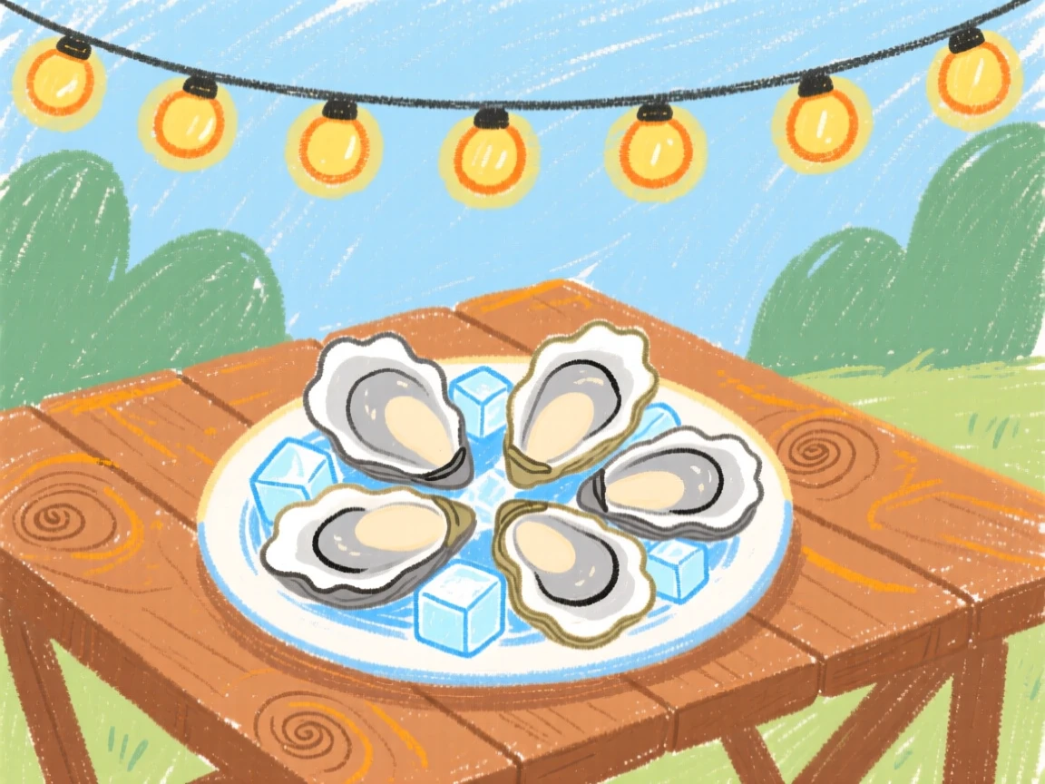 A plate of fresh oysters on ice set on an outdoor table beneath string lights.