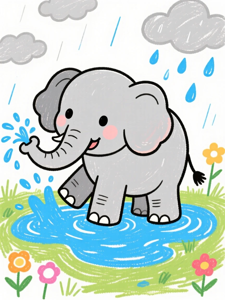 A baby elephant splashing in a shallow puddle after rain.