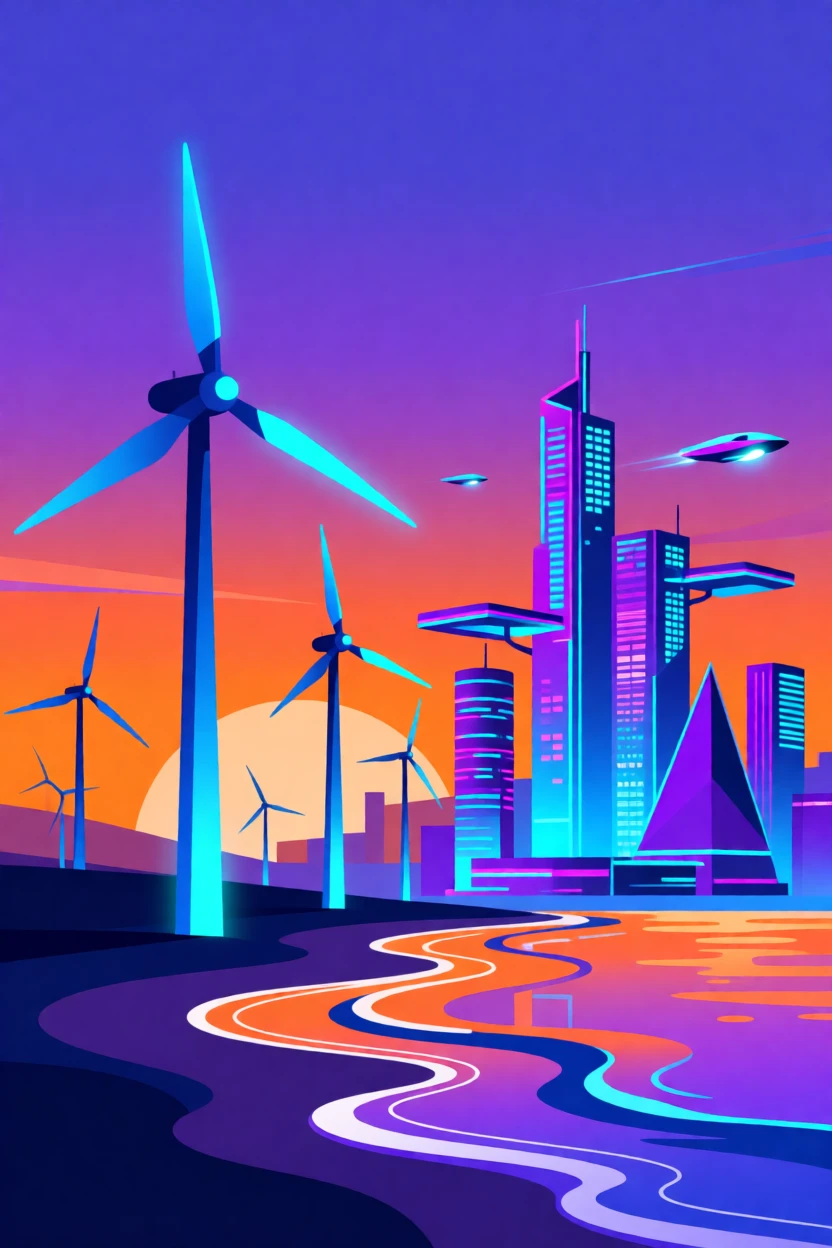 A futuristic wind farm glowing at sunset along a coastline, surrounded by a glowing futuristic cityscape, composed with clean lines and a modern minimalist balance, with a subtle sense of wonder about future possibilities.