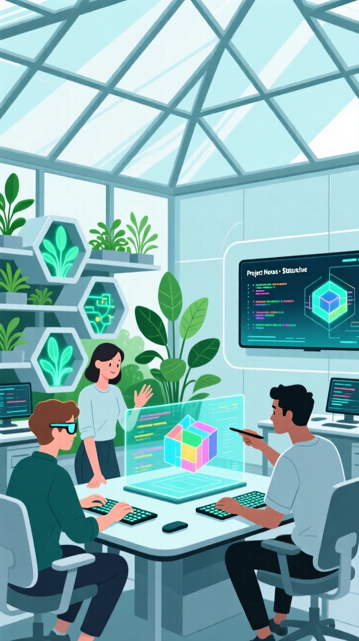 A group of programmers collaborating on a project in a futuristic greenhouse.