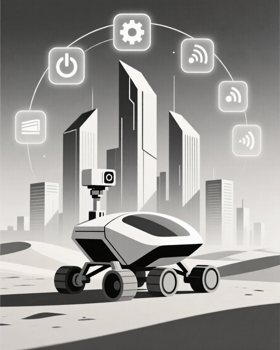 A sleek space rover exploring terrain placed in a futuristic city skyline, surrounded by floating holographic icons, conveying quiet efficiency.