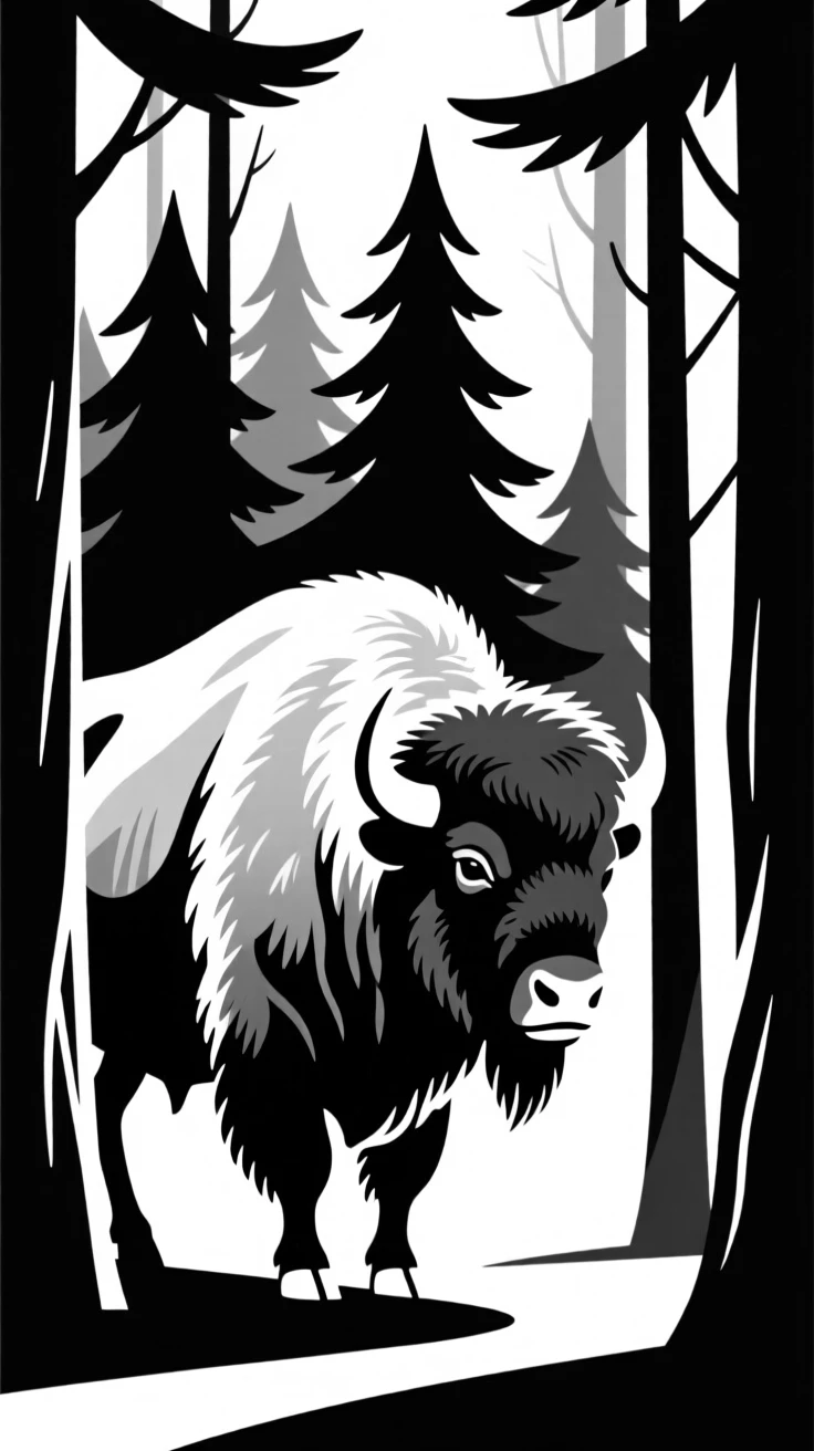 A bison emerging from a dense forest.