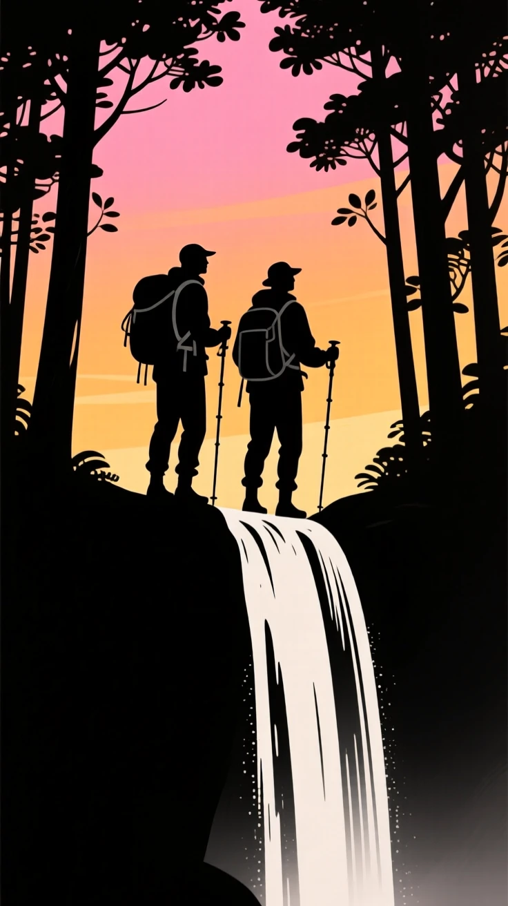 A pair of hikers reaching a hidden waterfall deep in the forest.