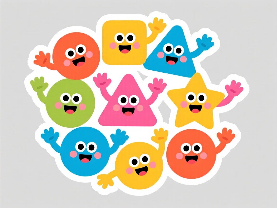 A bright and friendly happy cartoon shapes forming a fun pattern, waving hello with excitement, made for curious young minds.