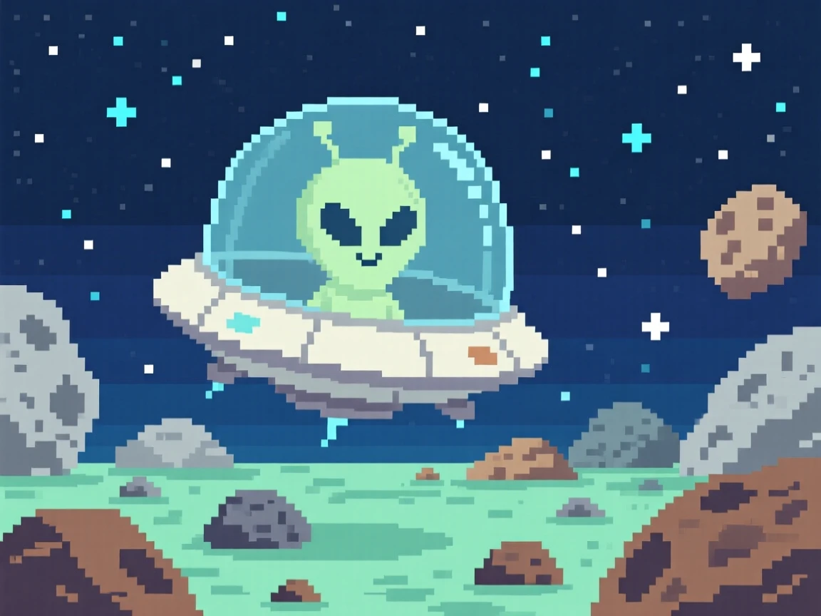 A friendly alien creature with big eyes floating peacefully among a field of asteroids, aboard a small spacecraft drifting through the stars.