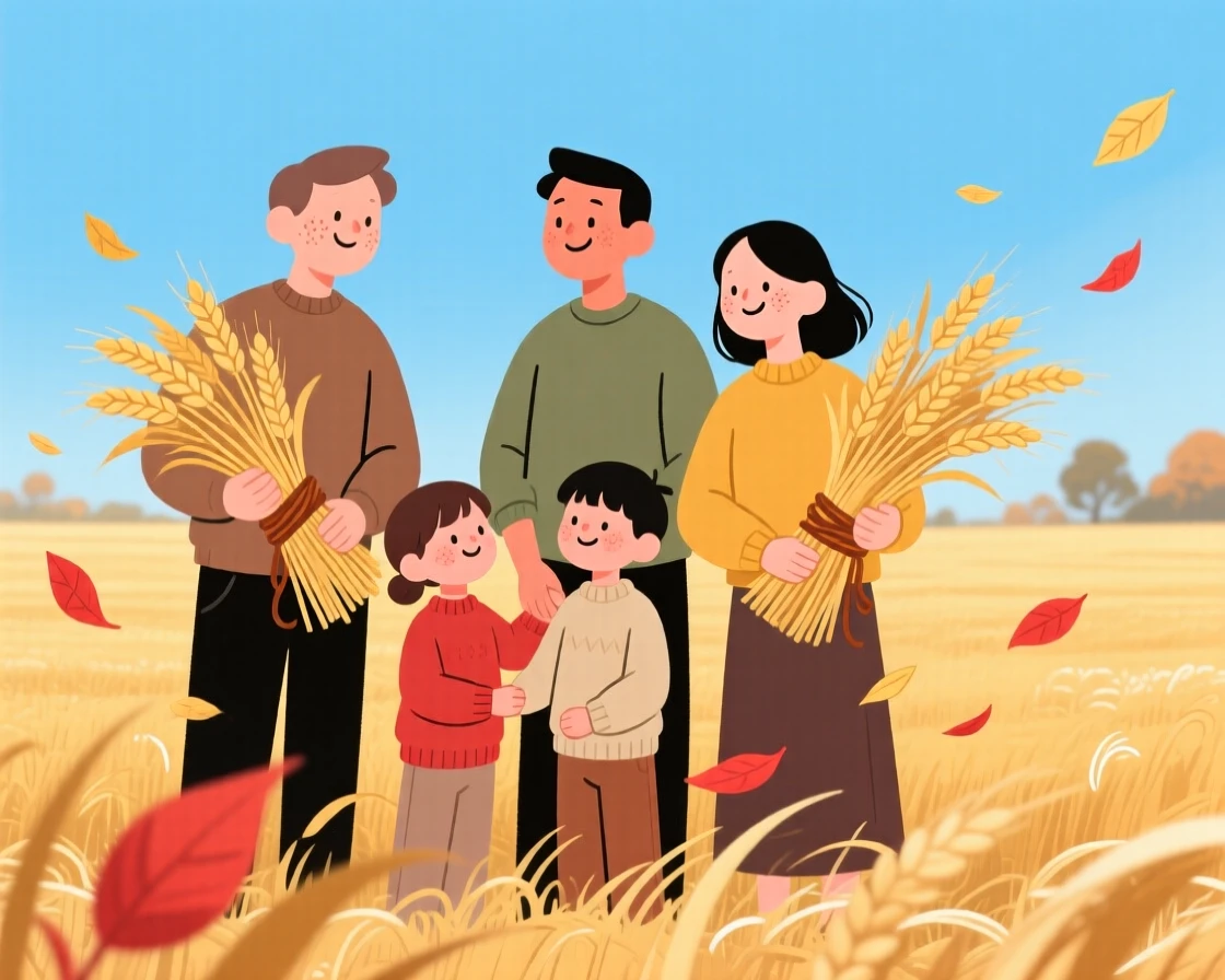 A family gathers bundles of wheat in a golden field as red and gold leaves drift down around them under a crisp blue sky.
