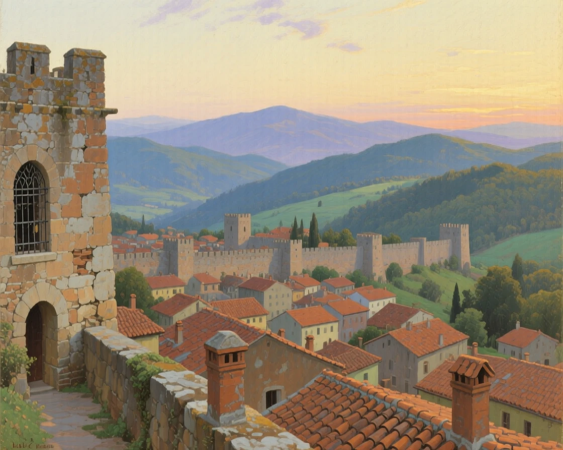 An expansive vista of a fortified city wall overlooking terracotta rooftops, in the Appalachian mountains, in the 1950s, in the pale light of early evening.
