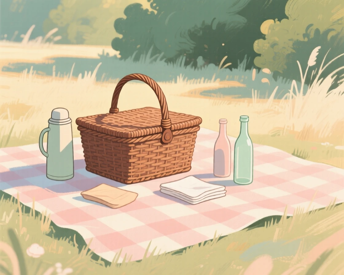 A vintage picnic scene with a checkered blanket and wicker basket