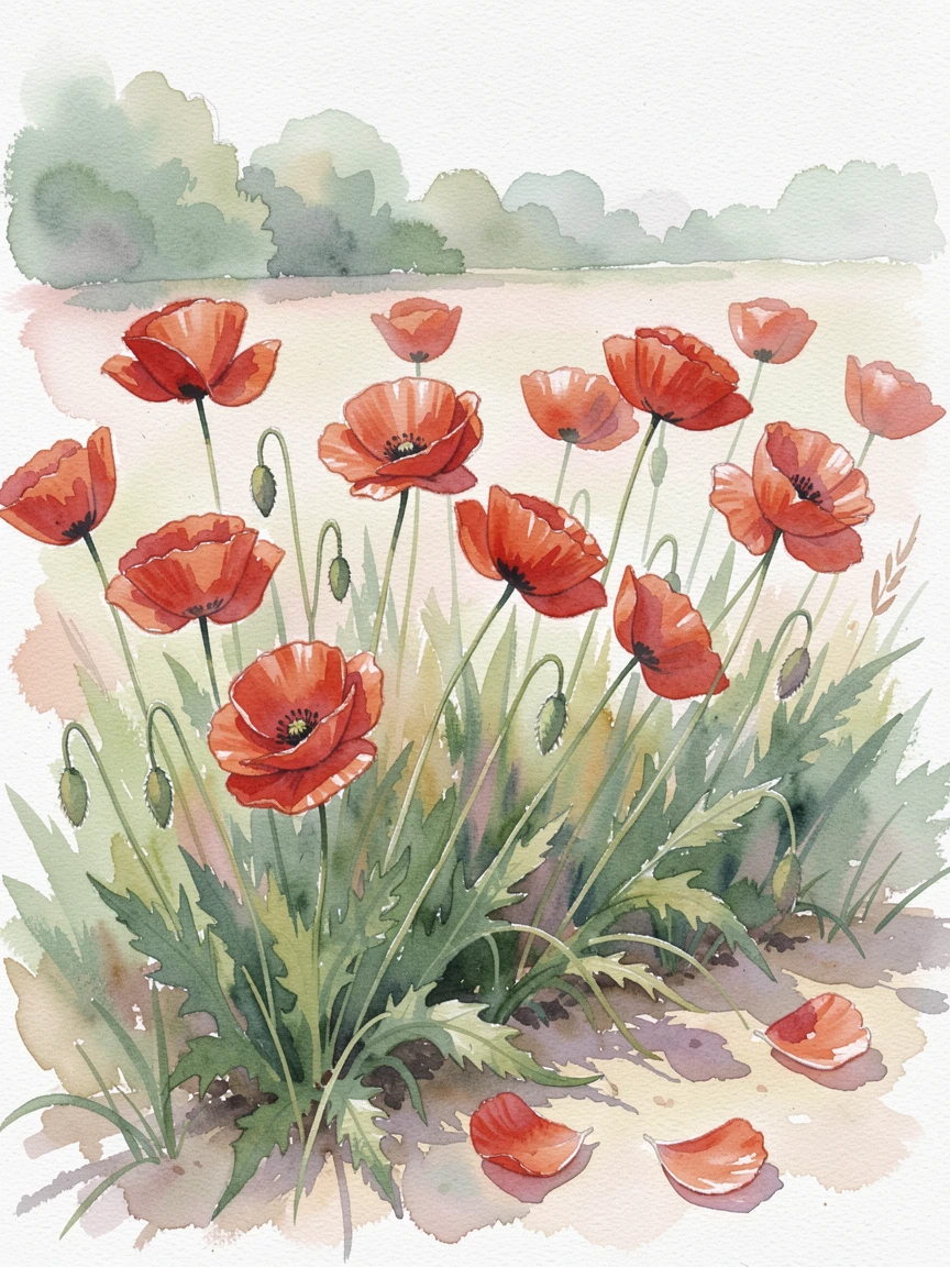 A field of poppies swaying in the breeze in a quiet countryside garden with a few loose petals scattered nearby.