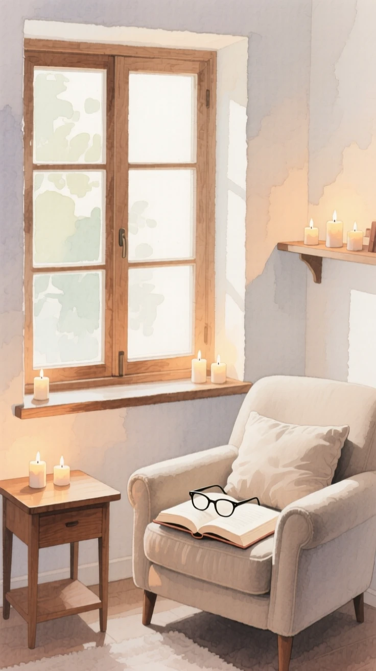 A charming view of a window reading corner, with candles flickering on every surface, featuring a pair of reading glasses resting on an open book