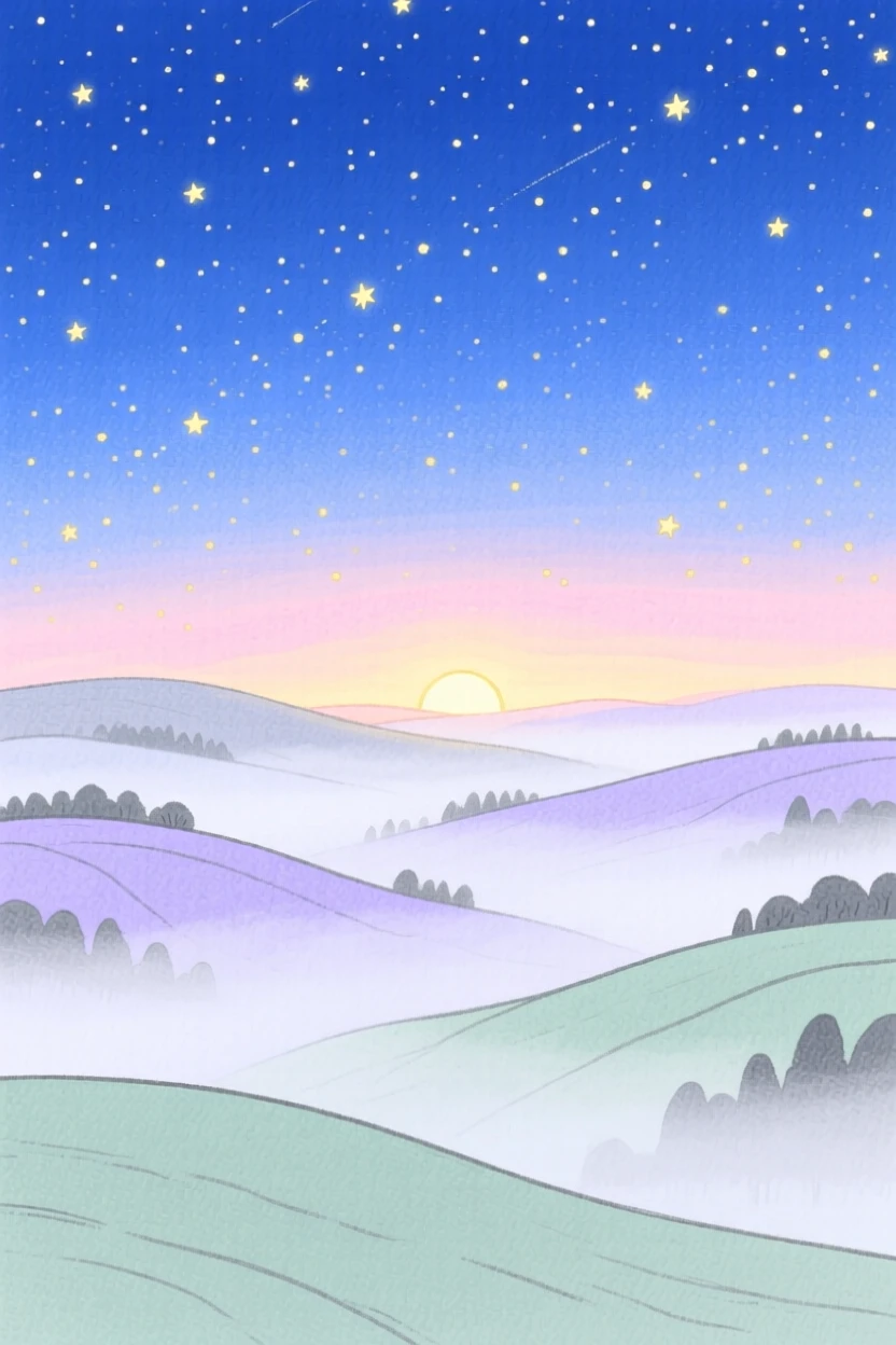 A panoramic scene of a misty valley at first light beneath a starry night sky.