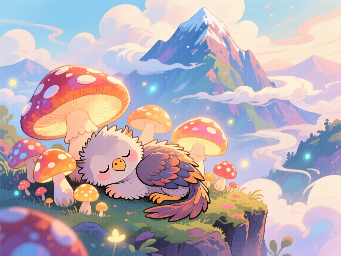 A curious baby griffin napping among a cluster of giant glowing mushrooms, in a mystical mountain peak wrapped in clouds, brimming with magical warmth and beauty.