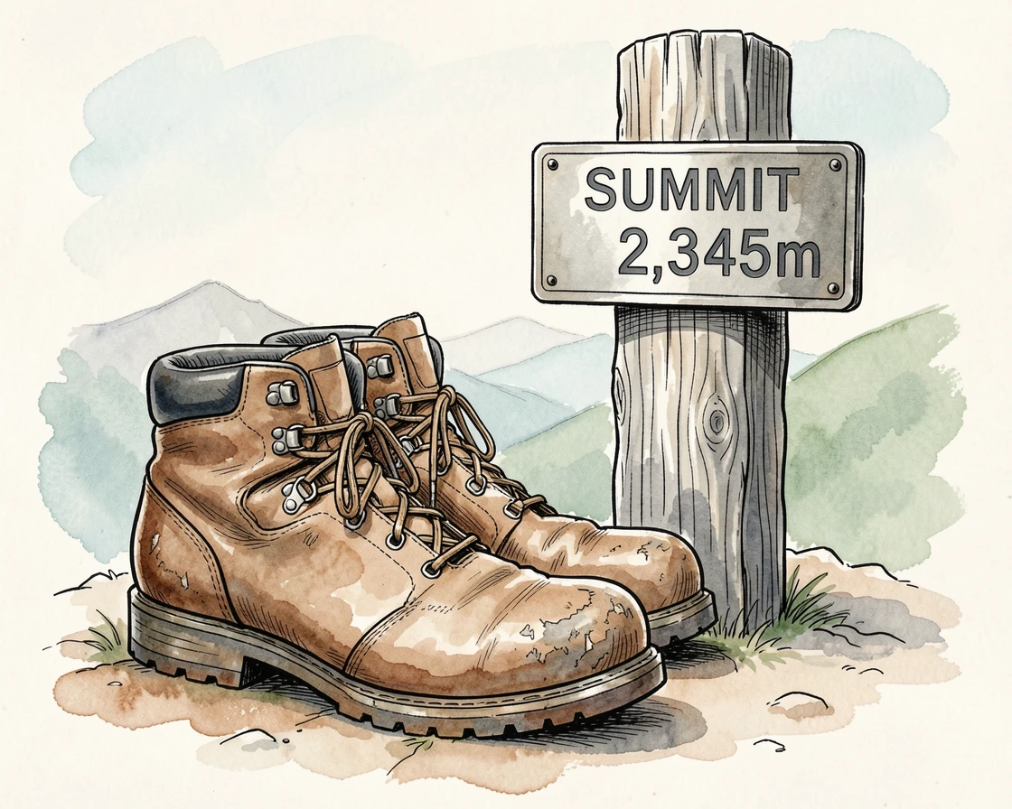 A worn pair of hiking boots resting beside a mountain summit marker, the moment simple, sincere, and quietly powerful.