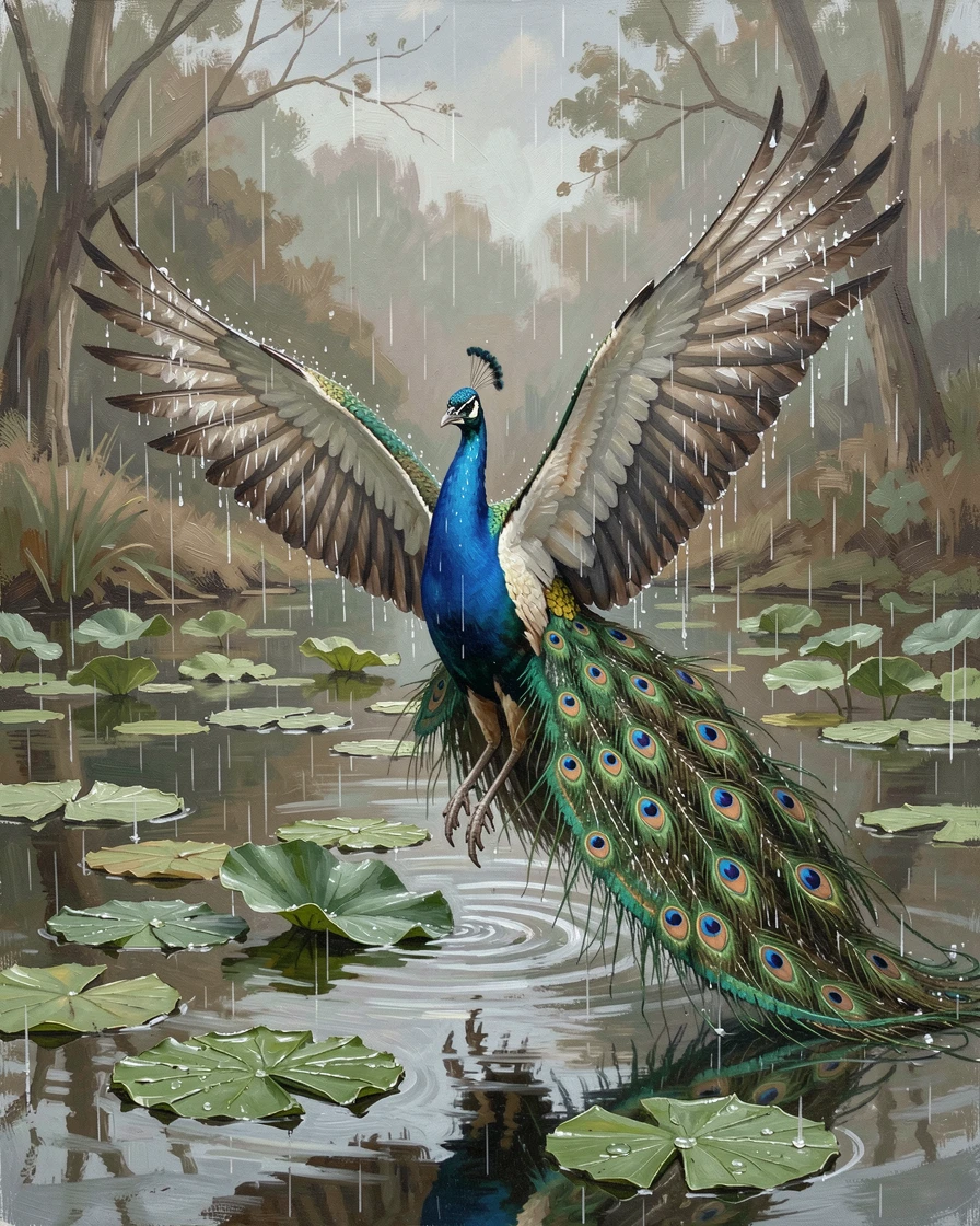Just after a rain shower, feathers still damp, a peacock displaying its full, iridescent tail, beside a still pond fringed with lily pads, wings spread wide in mid-flight.